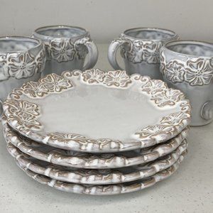 VERY RARE Four Cream/White Flower Temptations by Tara Plates with Mugs